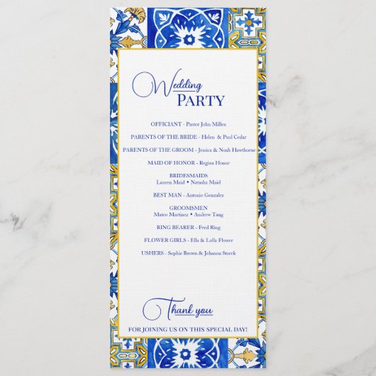 Mediterrane zomermoderne tegel Bruiloft Programmakaart (Achterkant)