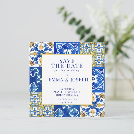 Mediterrane zomermoderne tegel "Save the Date" Kaart (Staand voorkant)
