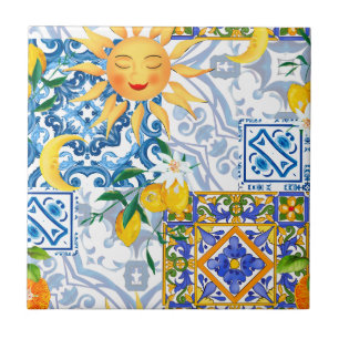 Mediterrane zon, bloemen, citroen, halve maan, tegeltje