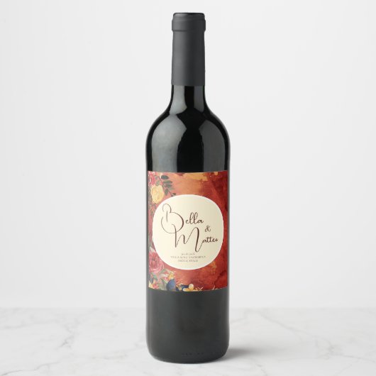 Mediterrane zon Boho Terracotta bloemenbruiloft Wijn Etiket (Voorkant)