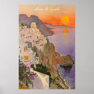 Mediterrane Zonsondergang Print Grieks Dorp Kust