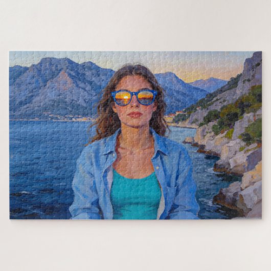 Mediterrane Zonsondergang Reflecties – Moderne Kus Legpuzzel (Horizontaal)