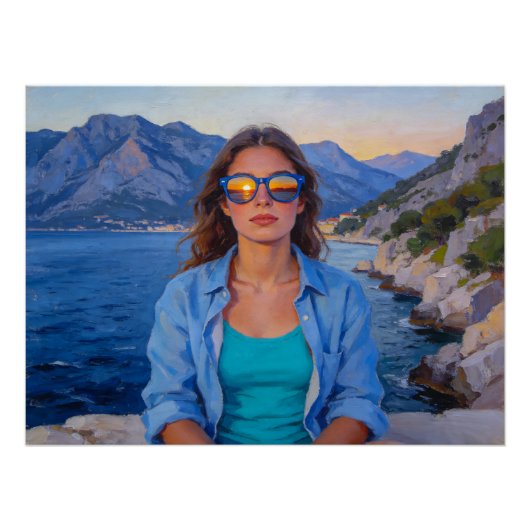 Mediterrane Zonsondergang Reflecties – Moderne Kus Perfect Poster (Voorkant)