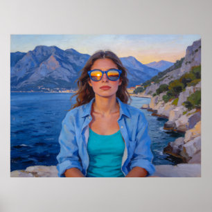 Mediterrane Zonsondergang Reflecties – Moderne Kus Poster
