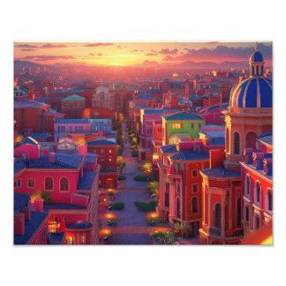 Mediterrane zonsondergangscène: Urban Art Print Foto Afdruk