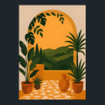 Mediterranean Arched Garden View Wall Art Poster<br><div class="desc">This elegant illustration captures the serene beauty of a Mediterranean patio looking out over rolling green hills. Featuring a warm terracotta palette, lush tropical plants, and a classic stone archway, it brings a peaceful and sun-drenched atmosphere to any living space or office. Perfect for fans of minimalist bohemian design and...</div>