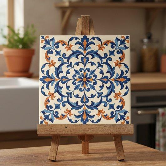 Mediterranean Azulejo Style Navy Blue and Orange Tegeltje