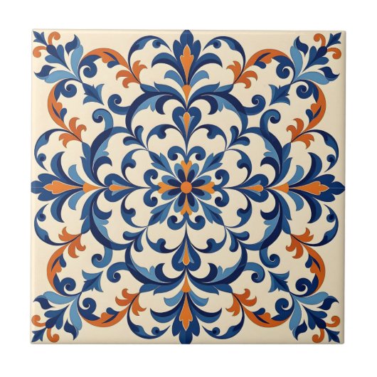Mediterranean Azulejo Style Navy Blue and Orange Tegeltje (Voorkant)