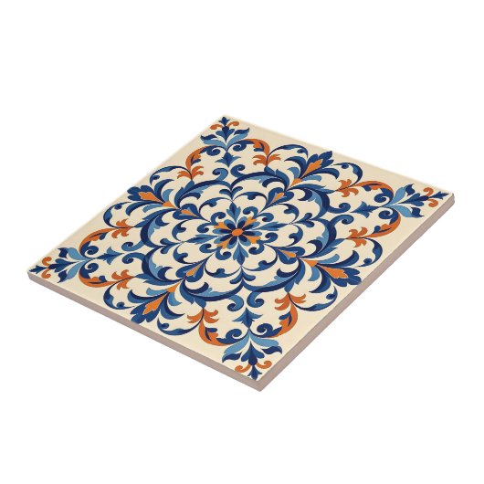 Mediterranean Azulejo Style Navy Blue and Orange Tegeltje (Zijkant)
