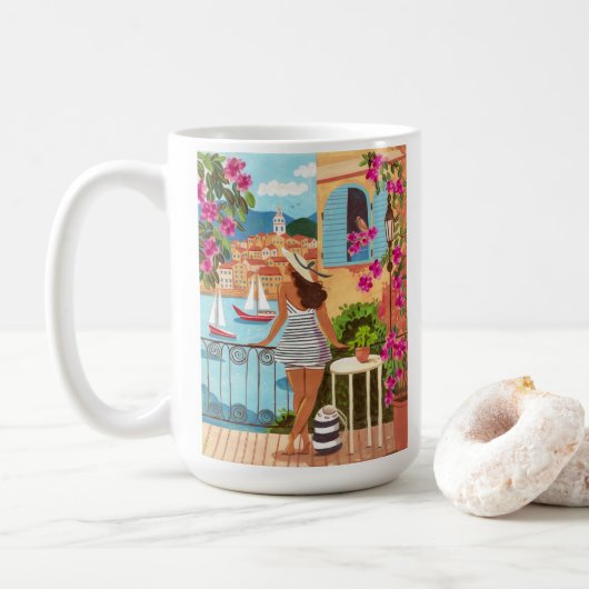 Mediterranean Balcony Illustration Coffee Koffiemok (Met donut)
