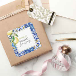 Mediterranean Blauwe Tegel Citrus Citroen Bruidsdi Vierkante Sticker