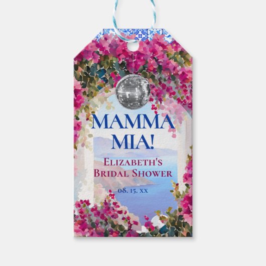 Mediterranean Blauwe Tegels Roze Bloemen Disco Bal Cadeaulabel (Voorkant)