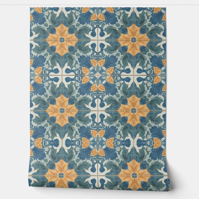 Mediterranean Blue and Gold Pattern Behang (Afrollen)