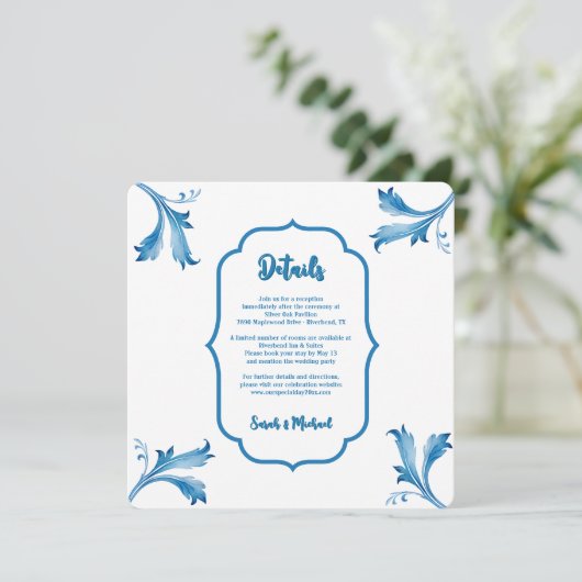 Mediterranean Blue Floral Tile Monogram Kaart (Staand voorkant)