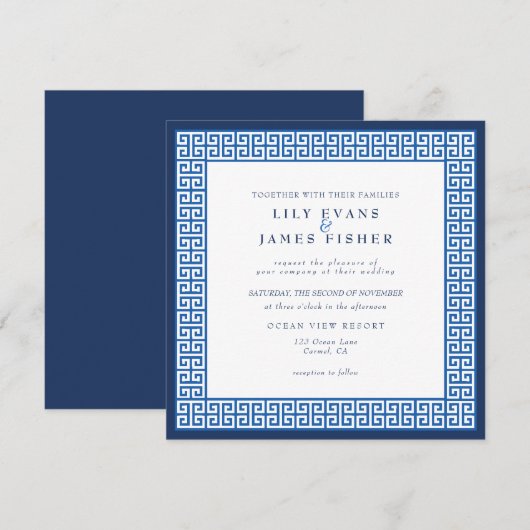 Mediterranean Blue Griekse Sleutel Cursieve Huweli Kaart (Voorkant / Achterkant)