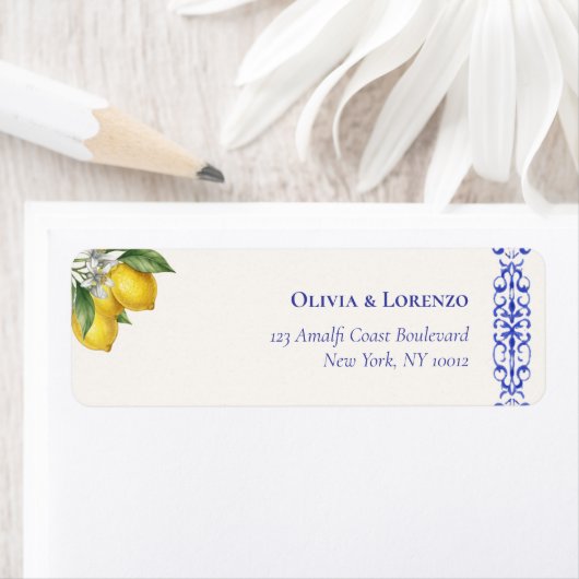Mediterranean Blue & Lemon Branch Wedding Return Etiket (Insitu)