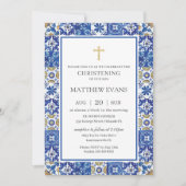 Mediterranean Blue Mosaic Tiles Christening Kaart (Voorkant)
