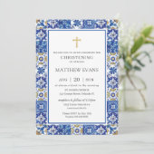 Mediterranean Blue Mosaic Tiles Christening Kaart (Staand voorkant)