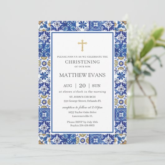 Mediterranean Blue Mosaic Tiles Christening Kaart (Staand voorkant)