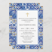 Mediterranean Blue Mosaic Tiles Christening Kaart (Voorkant / Achterkant)
