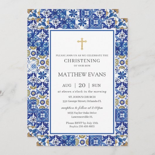 Mediterranean Blue Mosaic Tiles Christening Kaart (Voorkant / Achterkant)