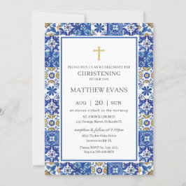 Mediterranean Blue Mosaic Tiles Christening Kaart
