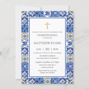 Mediterranean Blue Mosaic Tiles Christening Kaart