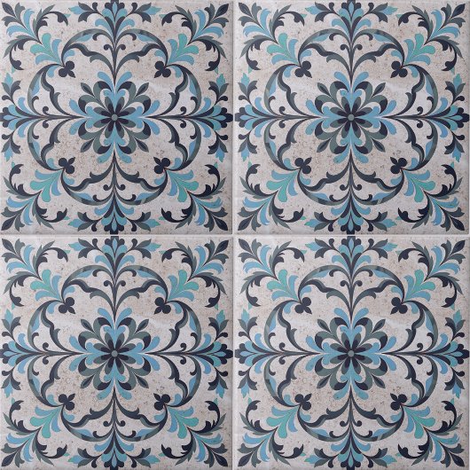 Mediterranean Blue Teal Antique Damask Flourish Tegeltje