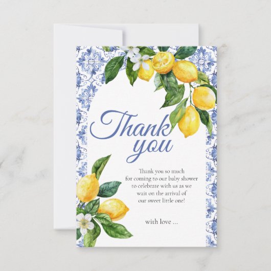 Mediterranean Blue Tegel Lemon Baby shower Bedankkaart (Voorkant)