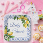 Mediterranean Blue Tegel Lemon Baby shower Papieren Bordje (Feest)