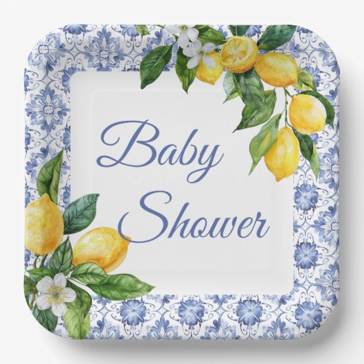 Mediterranean Blue Tegel Lemon Baby shower Papieren Bordje (Voorkant)