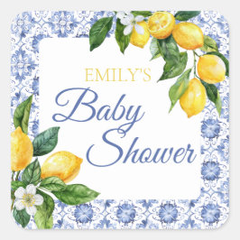 Mediterranean Blue Tegel Lemon Baby shower Vierkante Sticker