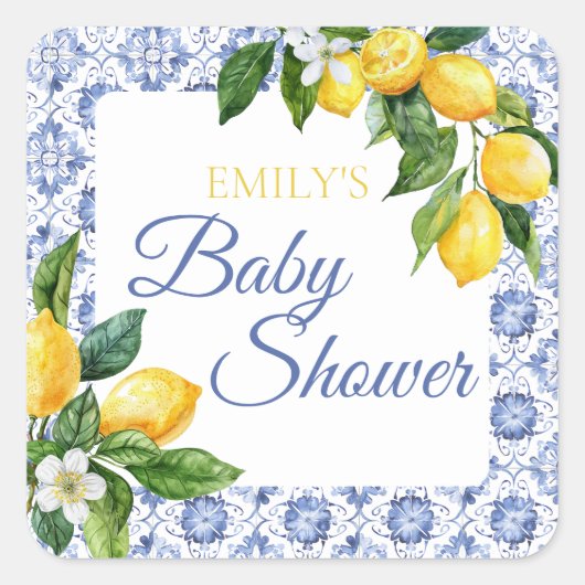 Mediterranean Blue Tegel Lemon Baby shower Vierkante Sticker (Voorkant)