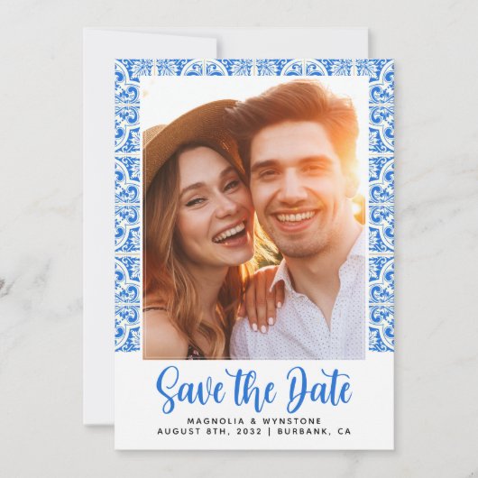 Mediterranean Blue Tegel Photo Wedding Save The Date (Voorkant)