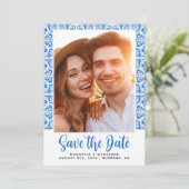 Mediterranean Blue Tegel Photo Wedding Save The Date (Staand voorkant)