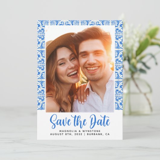 Mediterranean Blue Tegel Photo Wedding Save The Date (Staand voorkant)