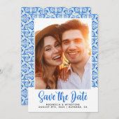 Mediterranean Blue Tegel Photo Wedding Save The Date (Voorkant / Achterkant)