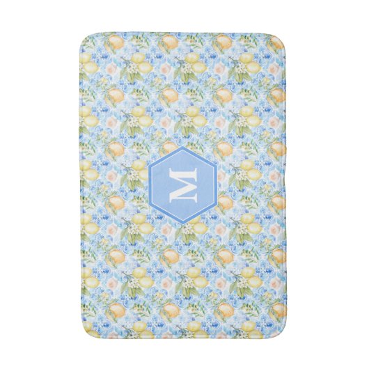 Mediterranean Blue Tile Limoncello Monogram Name Badmat (Voorkant Verticaal)