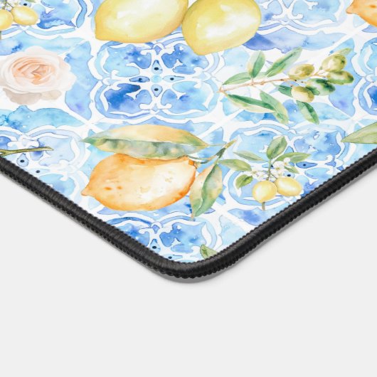 Mediterranean Blue Tile Limoncello Monogram Name Bureaumat (Hoek)