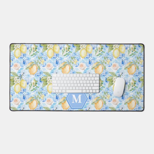Mediterranean Blue Tile Limoncello Monogram Name Bureaumat (Keyboard & Muis)