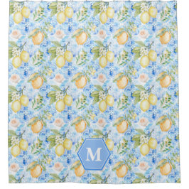Mediterranean Blue Tile Limoncello Monogram Name Douchegordijn