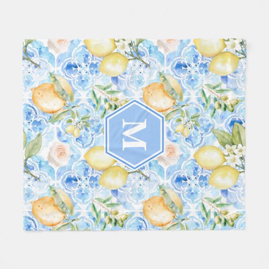 Mediterranean Blue Tile Limoncello Monogram Name Fleece Deken (Voorkant (Horizontaal))