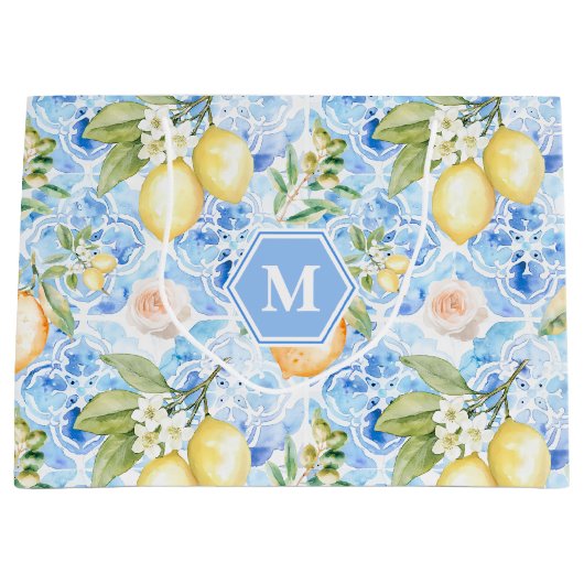 Mediterranean Blue Tile Limoncello Monogram Name Groot Cadeauzakje (Voorkant)