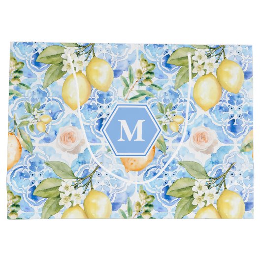 Mediterranean Blue Tile Limoncello Monogram Name Groot Cadeauzakje (Achterkant)