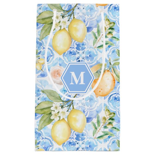 Mediterranean Blue Tile Limoncello Monogram Name Klein Cadeauzakje (Voorkant)