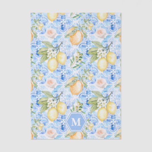 Mediterranean Blue Tile Limoncello Monogram Name Tissuepapier (Voorkant)