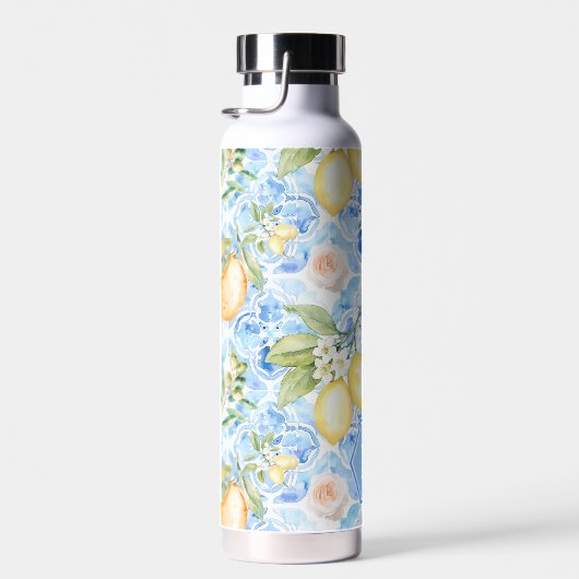Mediterranean Blue Tile Limoncello Monogram Name Waterfles (Rechts)