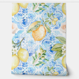 Mediterranean Blue Tile Yellow Lemon Watercolor Behang