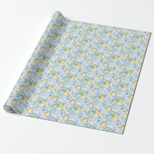 Mediterranean Blue Tile Yellow Lemon Watercolor Cadeaupapier (Uitgerold)