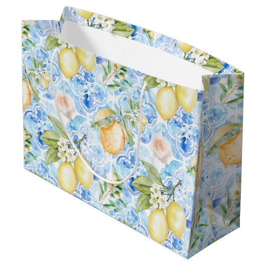 Mediterranean Blue Tile Yellow Lemon Watercolor Groot Cadeauzakje (Achterkant Gekanteld)